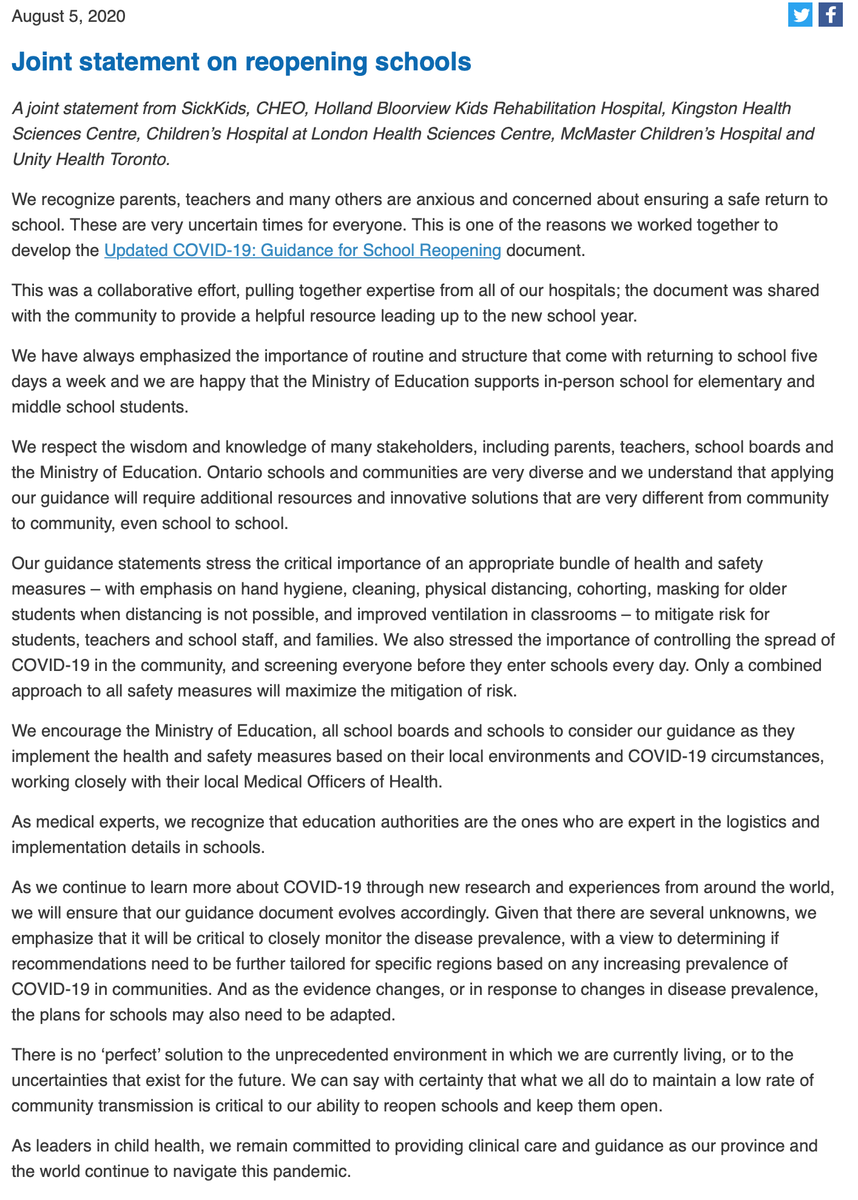 Travisdhanraj's tweet photo. #NEW: Joint statement from @SickKidsNews, @CHEO, @HBKidsHospital, @KingstonHSC, Children’s Hospital at @LHSCCanada, @mch_childrens and @UnityHealthTO #Onpoli #onted https://t.co/CEV8o8KcdI