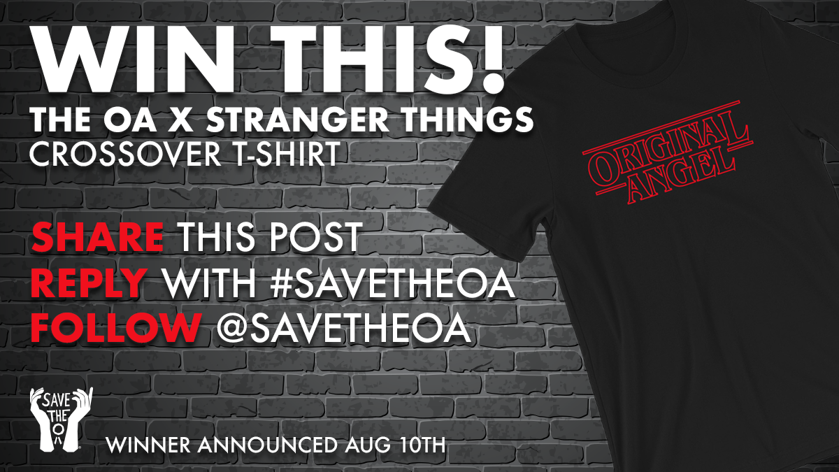 Who's up for another giveaway, #SaveTheOA family? It's the anniversary, after all! 🎁🎉🥳 

Follow the steps below to win this 'Original Angel' #TheOA x #StrangerThings crossover t-shirt. 👇