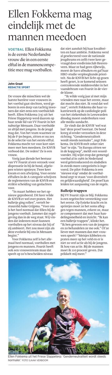 CarolinedePee's tweet photo. Voetbalster uit #Slappeterp Ellen Fokkema van @vvFoarut wordt door haar deelname in eerste elftal van mannencompetitie nu ook door landelijke krant opgepikt! #uniek #mooieprestatie @trouw @Waadhoeke https://t.co/55PVtkX36Y