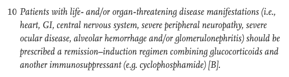 Here's a treatment recommendation from the EGPA consensus taskforce. Life or organ threatening disease requires rapid control, & cyclophosphamide is a good option -  https://www.sciencedirect.com/science/article/pii/S0953620515001442 14/n