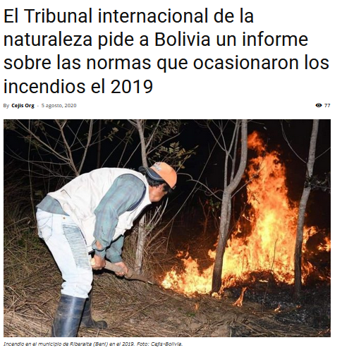 CCyJusticiaBoli's tweet photo. ¿Quieres saber más sobre la carta sobre los #incendios en 2019 enviado por el Tribunal Internacional de los Derechos de la #Naturaleza (#TIDN) a #JeanineAñez y #EvaCopa? Lee aquí la nota de prensa: https://t.co/cafZtNUBz3
#TribunalChiquitania #SOSChiquitania #Chiquitanía https://t.co/DkCk8xPkFb