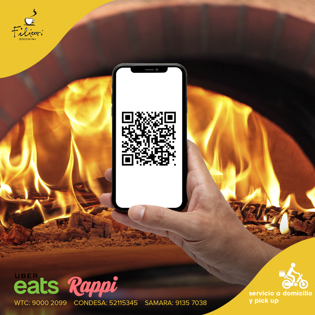 ¡Filicori México siempre cerca de ti!
Consulta nuestro menú a través del siguiente código QR. Te esperamos en cualquiera de nuestras sucursales o bien puedes pedir tus platillos favoritos a través de Uber Eats y Rappi.