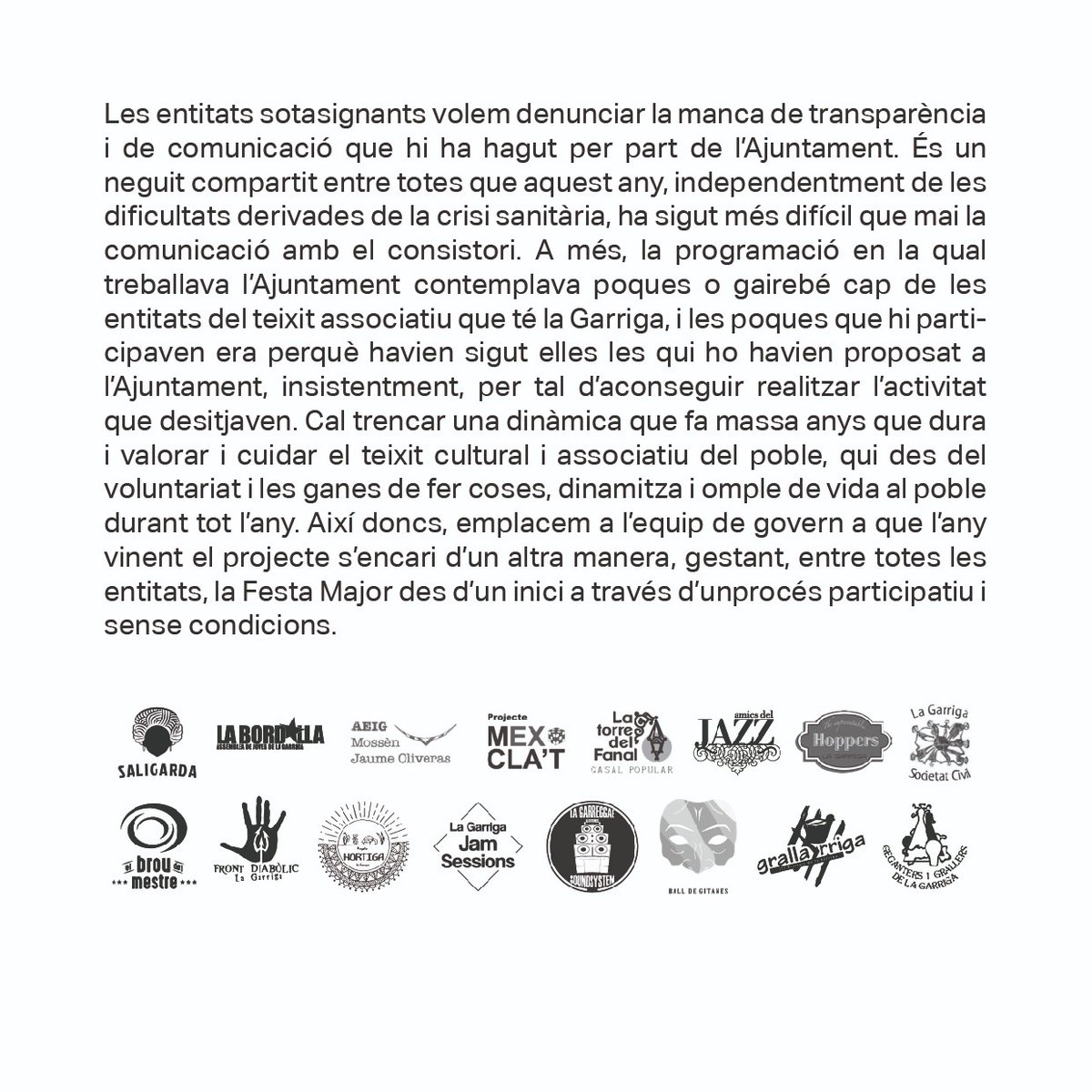 SaligardaLG's tweet photo. 👐Així doncs, emplacem a l’equip de govern a que, l’any vinent, el projecte s’encari d’un altra manera, gestant, entre totes les entitats, la Festa Major des d’un inici, a través d’un procés participatiu i sense condicions.

Comunicat sencer: https://t.co/WGNXb4IWu5