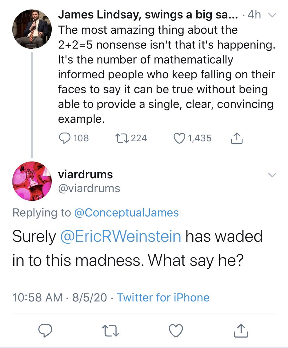 I‘ve waited for this to play out before commenting.The issue with 2 + 2 = 5 playing out in  @ConceptualJames’ feed is about the “Principle of Explosion” and is quite serious despite the stupidity of the exercise. It isn’t about math, conventions or assumptions. It’s about us.