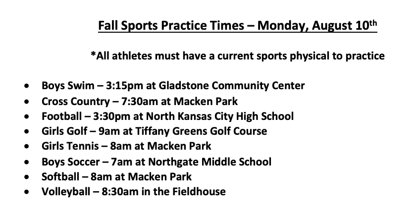 NKCSD_AD's tweet photo. Fall sports practice times for Monday, August 10th.  Reminder - all players must have a current physical to practice @CoachSNOW1 @NKCXC @NKCFootball @NKCHornetsGolf @NKC_Tennis @CoachLasswell @NKCHS_Softball @nkcvolleyball https://t.co/xtcL1nafOq