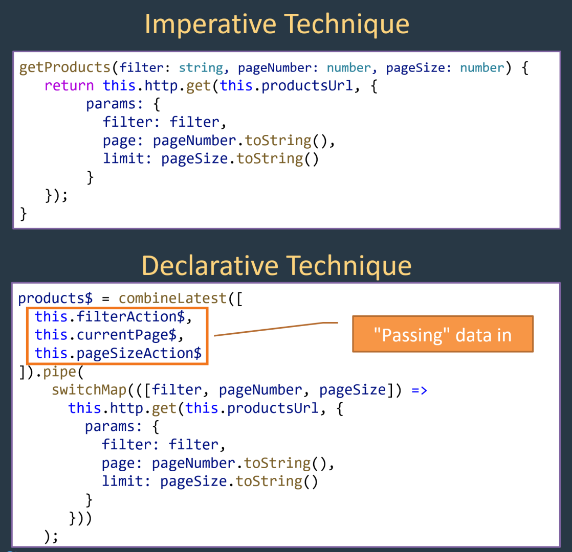 DeborahKurata's tweet photo. RxJS Tip: I'm often asked how to "pass" data to a declarative stream. Here is the method syntax for the imperative technique and the comparable declarative technique.
#angular #angulartip #DeborahKTip #rxjs https://t.co/IDVqRbUmdU