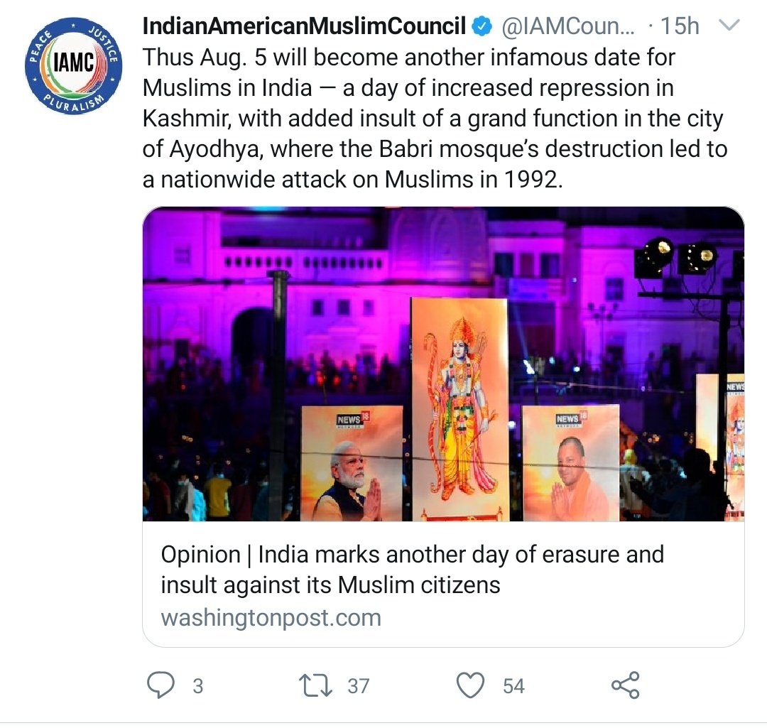 HinduHater Hinduphobic antiHindu antiIndia IAMC is part of a broader Muslim coalitions that tried to stop  #RamMandir:* Rana Ayyub, a darling of  @washingtonpost * Harsh Mander, a leftist favorite * Saket Gokhale, filed petition* IAMC, against the billboard in NY TimesSQ