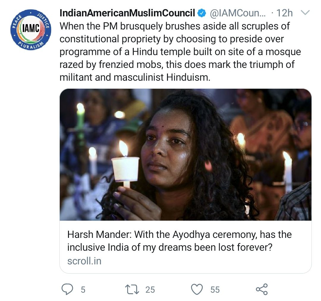 HinduHater Hinduphobic antiHindu antiIndia IAMC is part of a broader Muslim coalitions that tried to stop  #RamMandir:* Rana Ayyub, a darling of  @washingtonpost * Harsh Mander, a leftist favorite * Saket Gokhale, filed petition* IAMC, against the billboard in NY TimesSQ