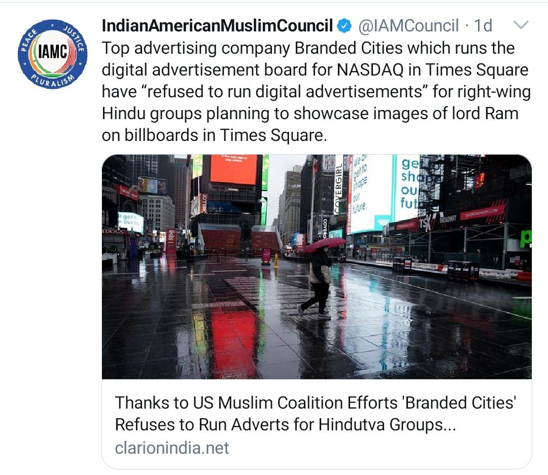 HinduHater Hinduphobic antiHindu antiIndia IAMC is part of a broader Muslim coalitions that tried to stop  #RamMandir:* Rana Ayyub, a darling of  @washingtonpost * Harsh Mander, a leftist favorite * Saket Gokhale, filed petition* IAMC, against the billboard in NY TimesSQ