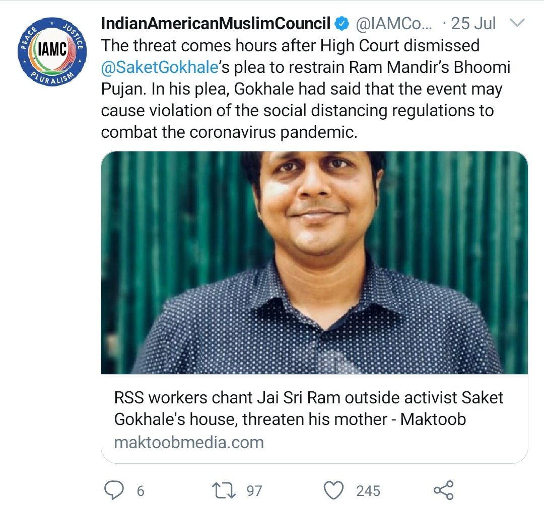 HinduHater Hinduphobic antiHindu antiIndia IAMC is part of a broader Muslim coalitions that tried to stop  #RamMandir:* Rana Ayyub, a darling of  @washingtonpost * Harsh Mander, a leftist favorite * Saket Gokhale, filed petition* IAMC, against the billboard in NY TimesSQ