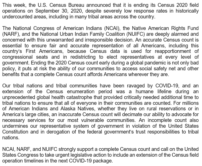 hansilowang's tweet photo. NEW: The National Congress of American Indians, Native American Rights Fund &amp; National Urban Indian Family Coalition say ending #2020Census counting early is "irresponsible" &amp; inaccurate count will "decimate" ability to advocate for services for "our most vulnerable communities." https://t.co/XJXvbHk4ZO