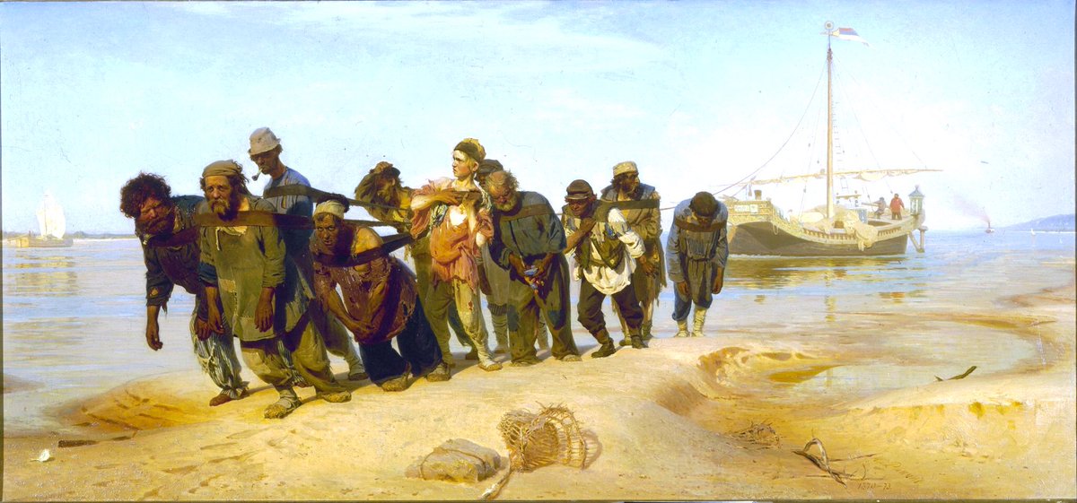 Repin travelled to the Volga River (1870) & in ‘72 the collector Tretyakov started to buy his work. In 1873 he completed his Barge Haulers for the Grand Duke Vladimir Alexandrovich. Burlak (1870 & 1870)