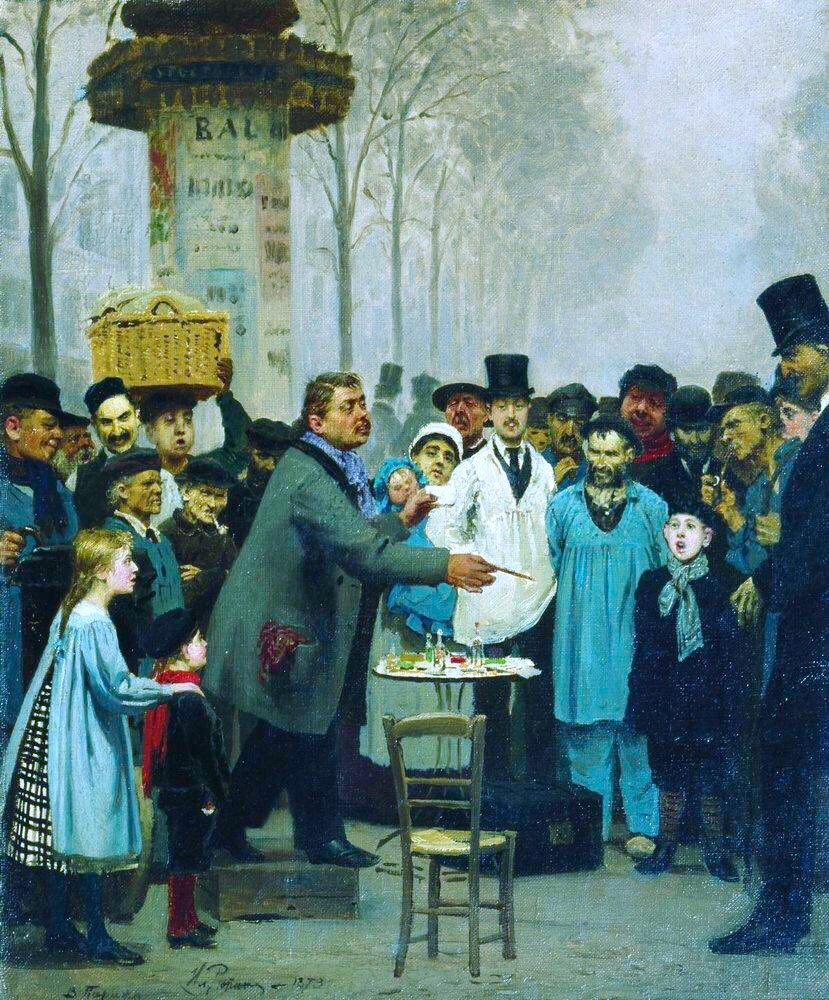 In 1873 Repin travelled to Italy & France & exhibited at the Salon. He saw impressionism yet felt it did not have moral or social depth that he wanted. Haulers (1872), Slav Composers (1871-2), Studies (1873) & Newspaper Seller, Paris (1873)