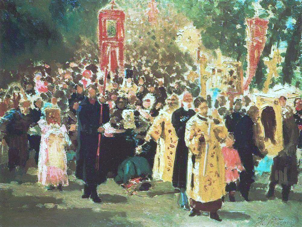 Repin felt a special affinity with the Imperial peasants & his fellow artists admired his approach. Religious Procession (1878), In the Hut (1878) & Nun (1878)