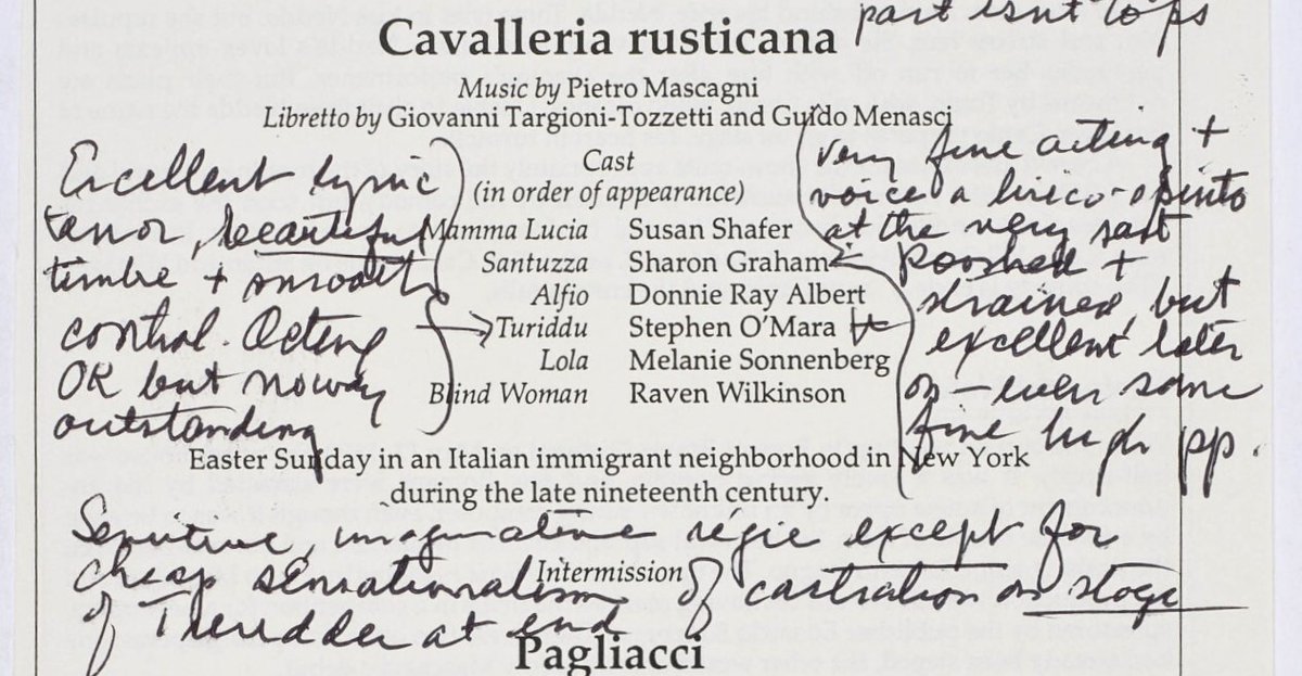 #dailydocument: A program of a 1991 @nycityopera  performance of Mascagni's Cavalleria Rusticana notated with handwritten commentary by critic and musicologist Edward Downes: bit.ly/2PrwKCn