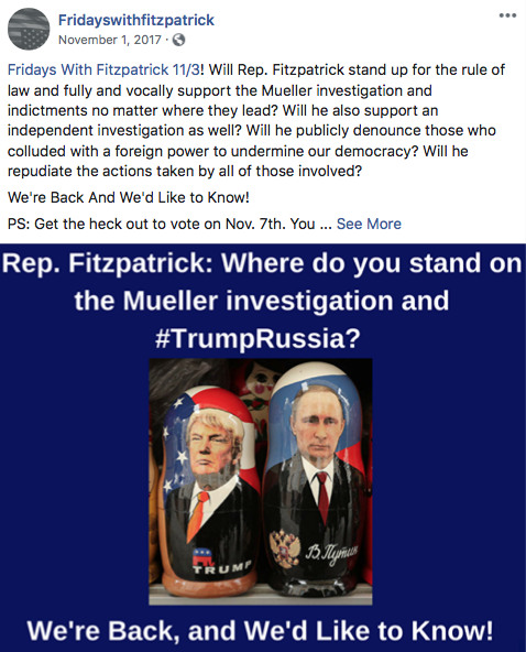 FridaysWithFitz's tweet photo. @KateConstantini @FinelloForPA @RepBrianFitz 17/ #ThanksFitzpatrick, for nothing! Or rather for @BrianFitzUSA's work to enable Trump which is NOT what #PA01 wanted. #FitzTrump 

PS: Putin must have had him booked for the whole month.  #FitzPutin

#FitzpatrickFailsPA01 https://t.co/UcAEyK2Vgf