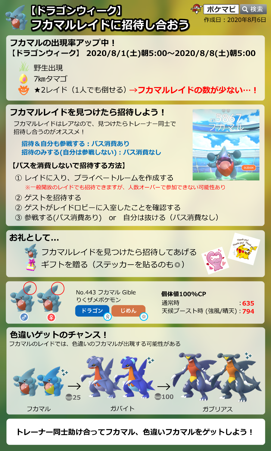 Twitter 上的 ポケモンgo攻略情報 ポケマピ ドラゴンウィークで登場中の フカマルレイド は数が少ないので 見つけたらトレーナー同士で招待し合うのがオススメです パス消費なしで招待だけすることも可能 トレーナー同士助け合って フカマル 色違いフカマル
