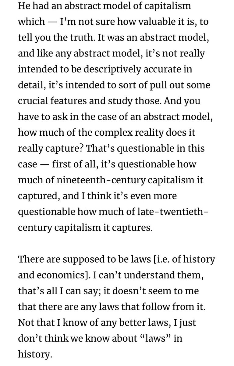 Chomsky, by the way, says that to be a Marxist is to “abandon rationality” and the history of Marxism belongs to the history of organized religion. Note that in saying this Chomsky does not discount Marx as a thinker, though he does doubt that he discovered historical laws.