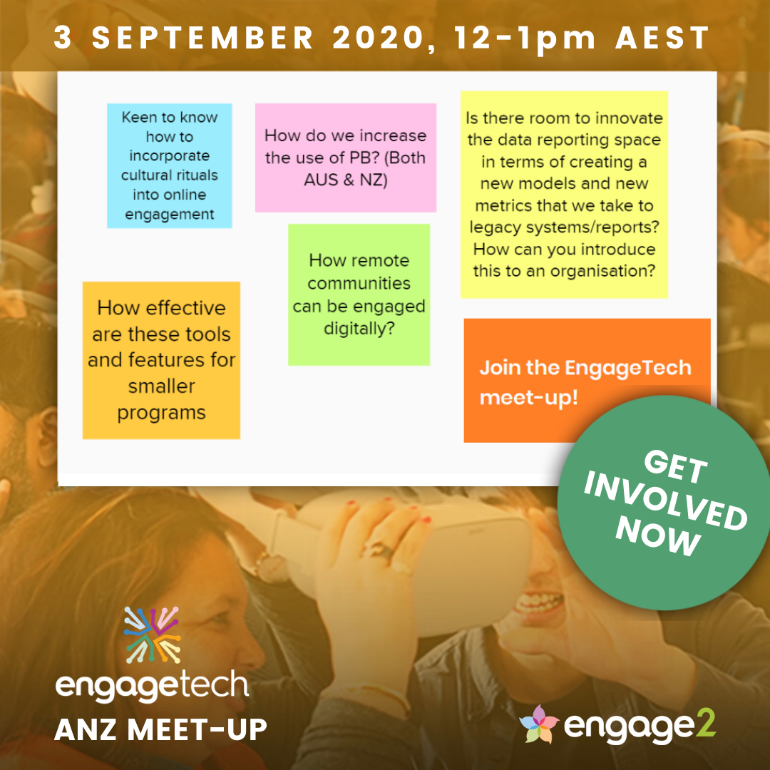 engage2govern's tweet photo. Workshop your engagement project with #EngageTech Forum participants on 3 September at 12pm AEST! We're inviting participants of all of our Forums since 2013 to join us for a virtual project workshop once a month. Contact Amelia Loye amelia@engage2.com.au to learn more. https://t.co/Ct6QycewWg