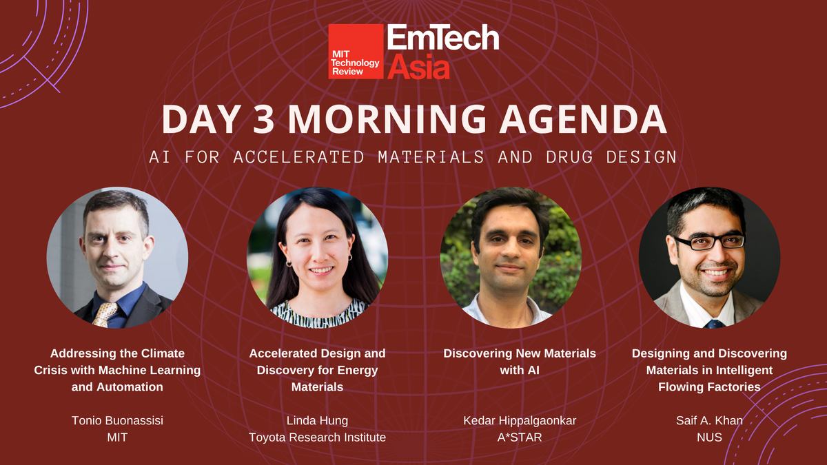 Part deux of this morning's agenda goes into 'AI for Accelerated Materials and Drug Design', especially where AI could help humans make new material discoveries 10x faster! Join @toniobuonassisi <a href="/ToyotaResearch/">Toyota Research Institute (TRI)</a> <a href="/nanotransport/">Hip Lab</a> <a href="/NUSingapore/">NUS</a>