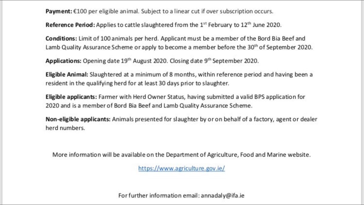 TeagascWWC's tweet photo. Initial details of the new Beef Finishers Pandemic Payment (BFPP) have emerged this evening. €100/hd for animals slaughtered from 1st February to 12th June. Applications accepted from 19th August to 9th September. Contact your local Teagasc adviser for further details https://t.co/333fmFPzJu