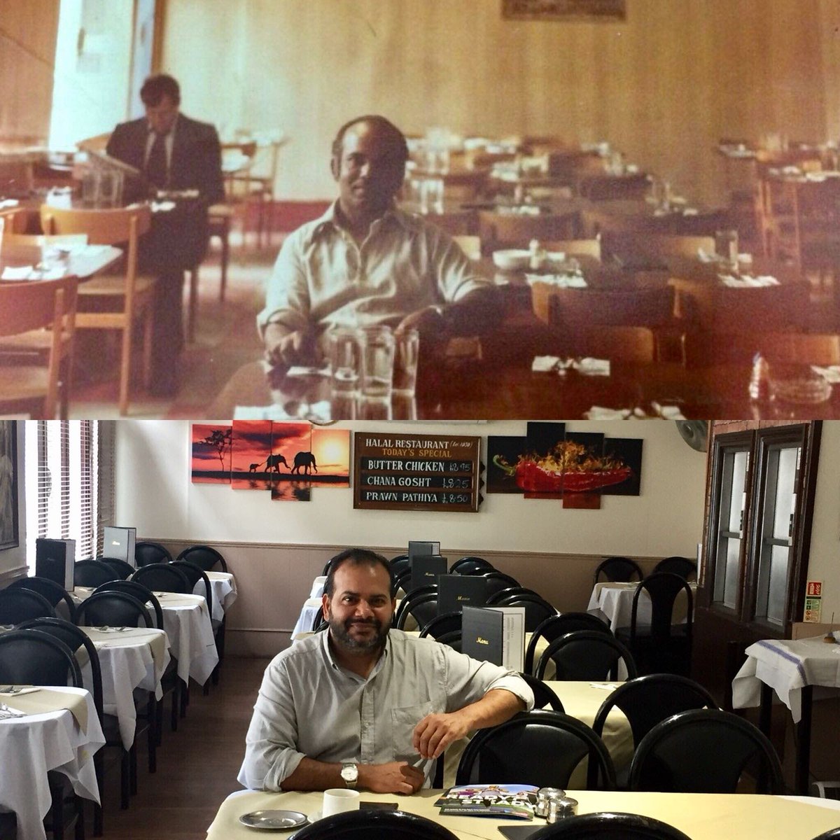Hey twitter! Not one to do this, but my dad owns the oldest Indian restaurant in East London and has been struggling with customers so please show some love! If you're in Aldgate come have a curry, I'm biased but it's the best! Below is my grandad in the 70s vs my dad now❤️