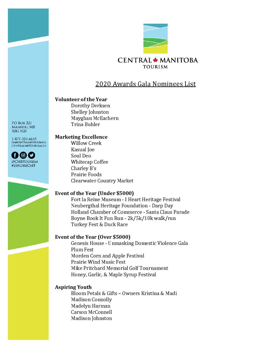 CMBTourism's tweet photo. We are proud to present our 2020 Tourism Awards Nominees. All of these people have contributed to tourism in our region in extraordinary ways. Congratulations Nominees!

#ExploreCMT #ExploreMB #Tourism #Manitoba https://t.co/srNU9ol7iy