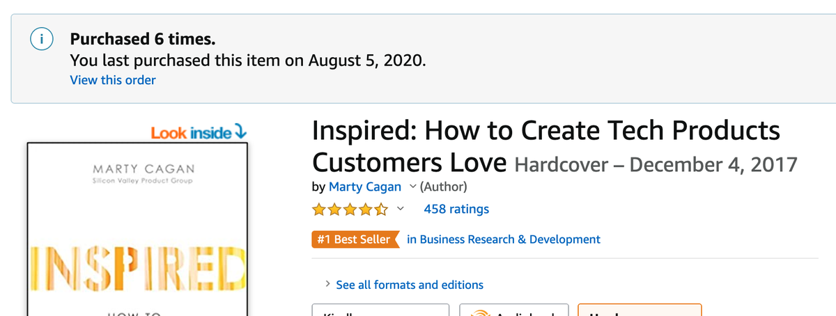 Purchased 6 times, and still buying yet another copy to give away (but never my signed version!). Yes, <a href="/cagan/">Marty Cagan</a>'s book is that useful, and that relevant.