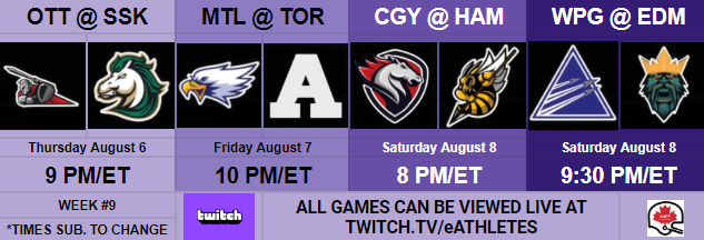 eAthletes_eACF's tweet photo. eAssociation of Canadian Football Schedule for Week 9

🎮#eSports @MaxFootballGame  
 🍁🏈#eACF 📋 #eACFSchedule 🗓 #Week9

🍁🏈#HowICFL #CFLparody 
All games live on 📺#PS4Live and #Twitch.

https://t.co/3KQ8VygFRB https://t.co/0rOi10AnFN