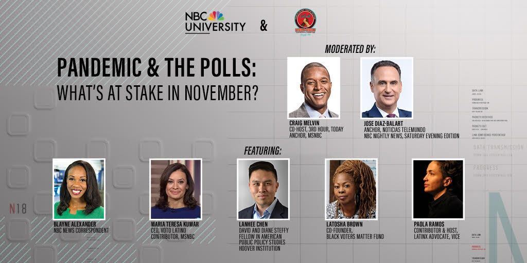 votolatino's tweet photo. Are you attending the #NABJNAHJ20 virtual conference this week?
Join us for #nbcuniversity20 Presents: The Pandemic & the Polls co-moderated by NBC’s @craigmelvin and @jdbalart featuring our very own @MariaTeresa1.
TOMORROW from 5:30pm-7pmET.
RSVP: https://t.co/7IdmknFBCQ https://t.co/0UE0jX9edv