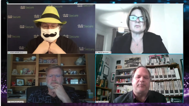 MeredithCorley's tweet photo. All work, no fun over here on the @DarkReading session during #BlackHat on "Cybersecurity in a Post-Pandemic World." @wendynather brought her party mask for the Q&amp;A. 😂 https://t.co/jvFPeccm2S