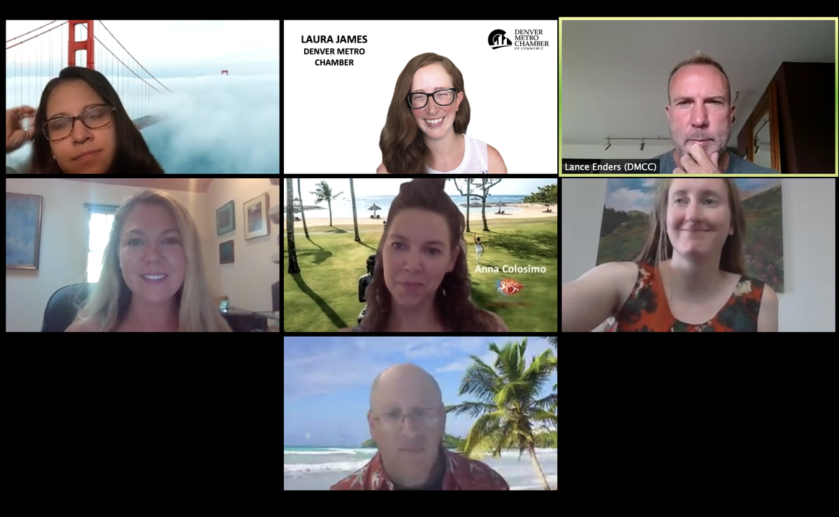 DenChamber's tweet photo. #Virtually connecting tonight at #Net90! We ๐ seeing our members build leads and share resources. Thanks to our sponsor @fogorestaurants. #networking https://t.co/swKEESq67g