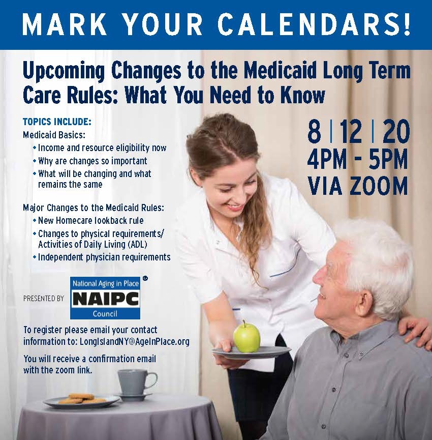 BurnerPrudenti's tweet photo. Join us at the @NAIPC Upcoming Changes to the Medicaid Long Term Care Rules: What You Need to Know webinar on Wednesday, August 12th at 4 PM.  

Email longislandny@ageinplace.org to register 

#medicaid #longtermcare #planningahead #seniorliving #aginginplace #agingathome https://t.co/xAvxqaqa49
