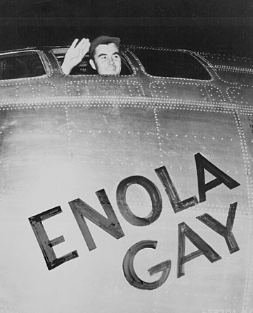 T-1 hour. The bombers are en route, having taken off from Tinian. B-29 Superfortresses, the plane that carries the atomic device - Little Boy - is the Enola Gay. The name was after the pilot, Col. Paul Tibbets. She was only named on 5 August.