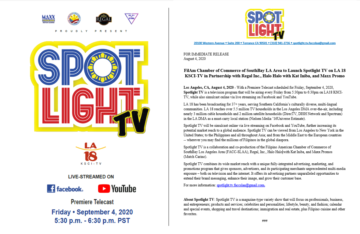 SpotlightTV_LA's tweet photo. #SpotlightTV is a #TVprogram premiering on Sept 4th that will be airing every Friday from 5:30pm to 6:30pm on @LA18Community KSCI-TV and simulcast on Facebook &amp; YouTube! https://t.co/8bnr3qmFoD