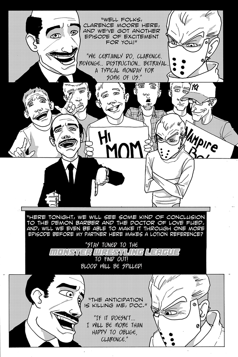 Jamie_Hickson's tweet photo. @NateCosby @Bowl_of_Rice26 Pages from Nathan's comic, "Monster Wrestling League".
I'd love to see this one colored at some point, it's such a fun book to work on...particularly coming up with that lettering style for The Mummy.
#makecomics #comicslettering #freelance https://t.co/SbNMYCuLGS