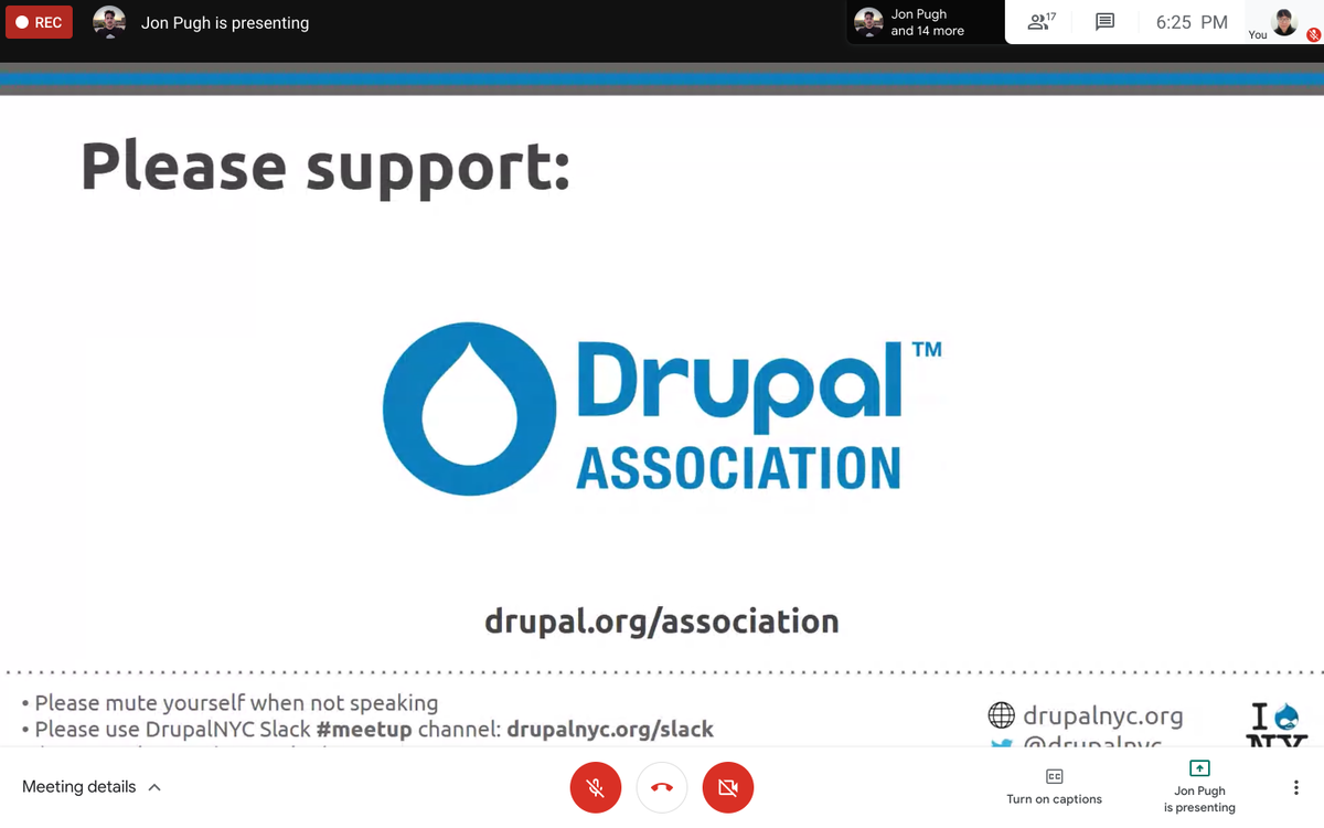 DrupalNYC's tweet photo. #DrupalNYC #Meetup Our emcee @jonpugh is asking us to support @drupalassoc! https://t.co/RrYeo5MRto