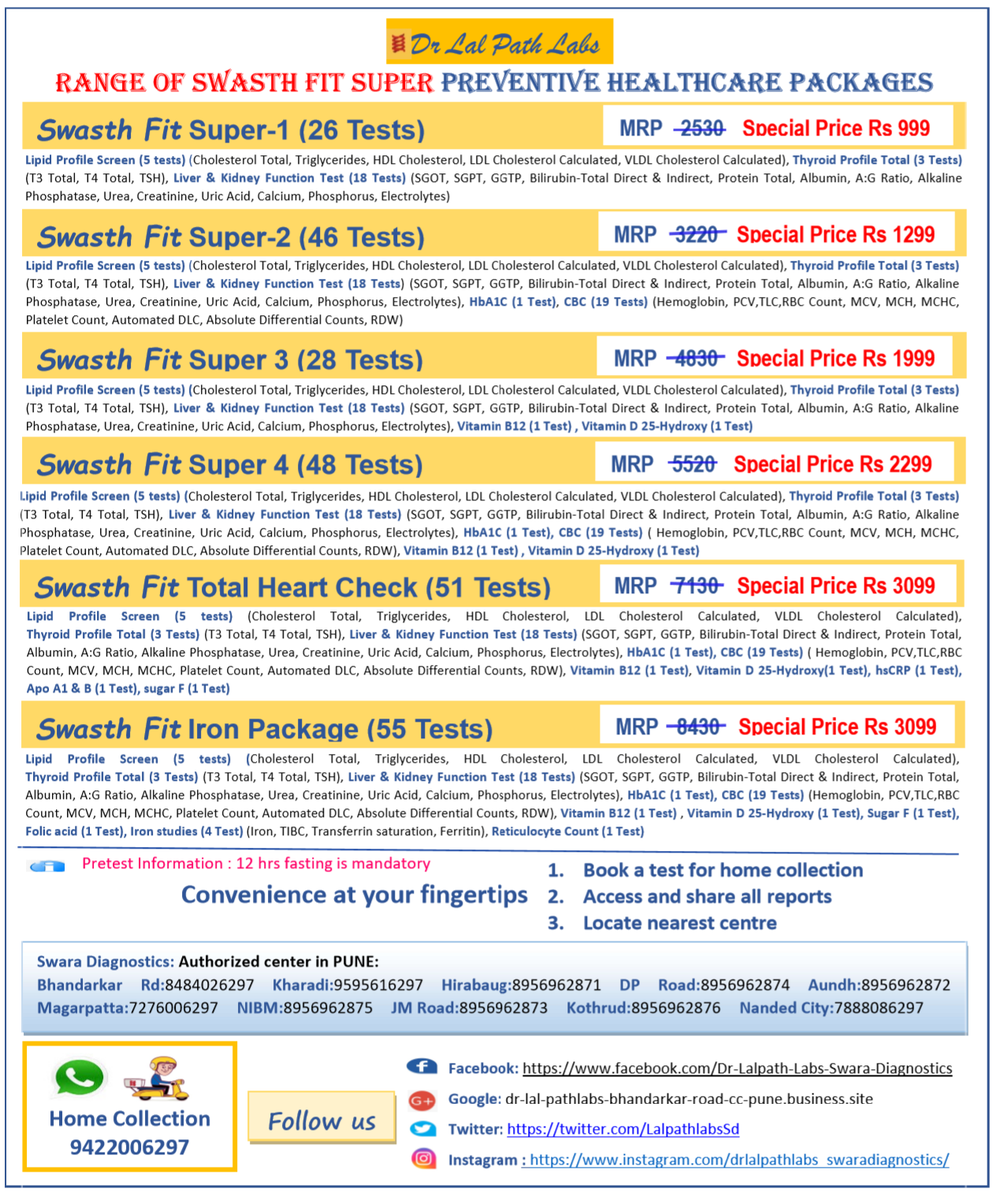 LalpathlabsSd's tweet image. Prevention is better than cure so Dr LalPath Labs is providing range of Swasth Fit Health Package.