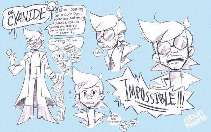 I didn't have enough room for them in the original post but here's some concept sketches of Dr.Cyanide, his crony Honeycrisp, and the Core! (And doodles) 