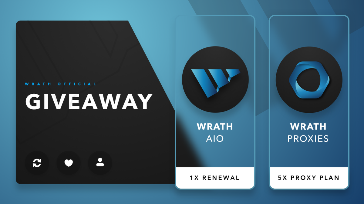 Giveaway 🎉 - 1x Wrath AIO Renewal - 5x 2GB Proxy Plans To Enter: - Follow @wrathbots and @wrathproxies - Like + RT - Tag a friend Winner picked in 1 week! ⏰