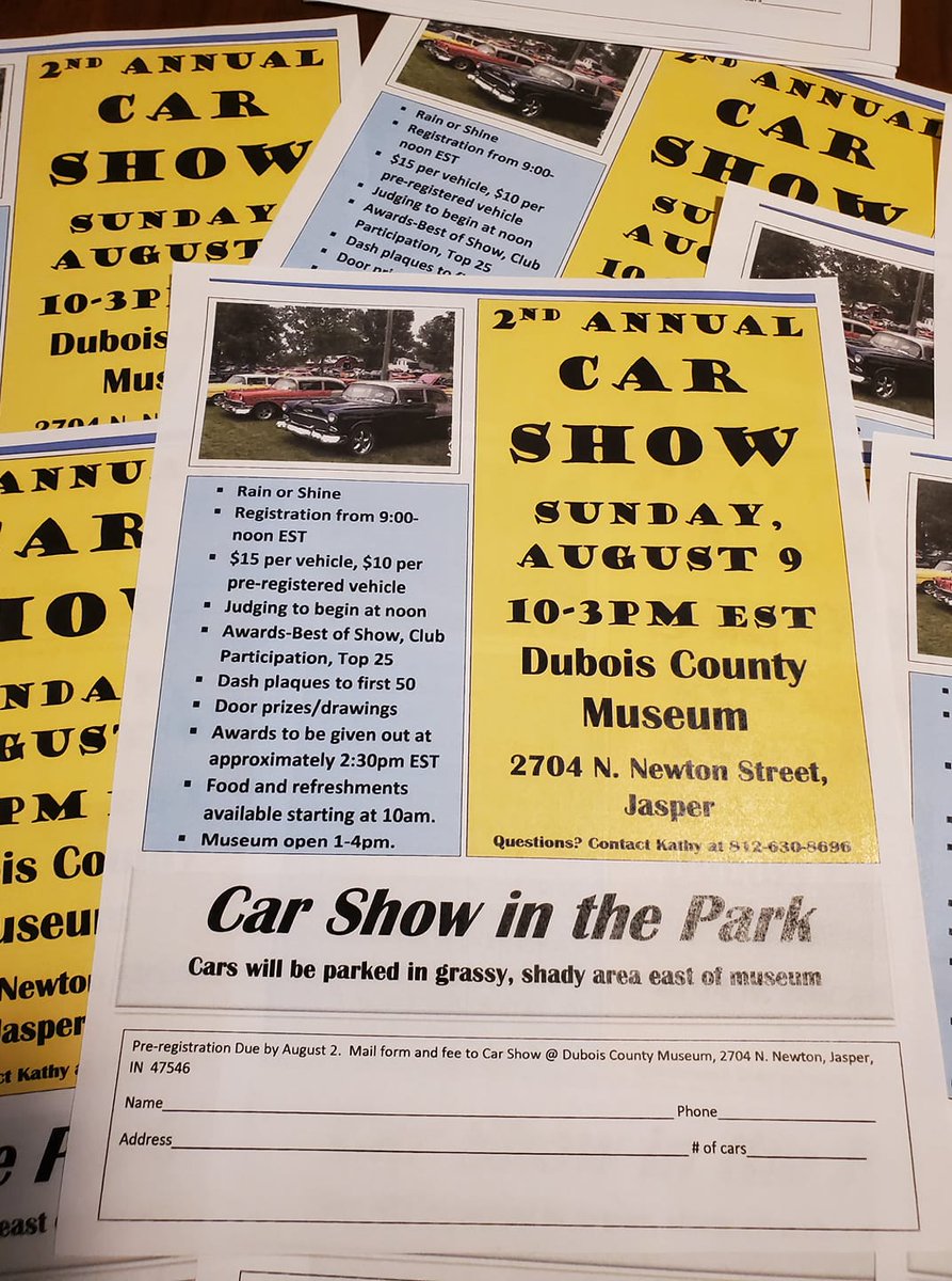 This Sunday, August 9, 2020,  is the 2nd Annual Car Show in the Park.  At the Dubois County Museum.  Registration starts at 9:00 AM ET.  Judging begins at High Noon. #carshow