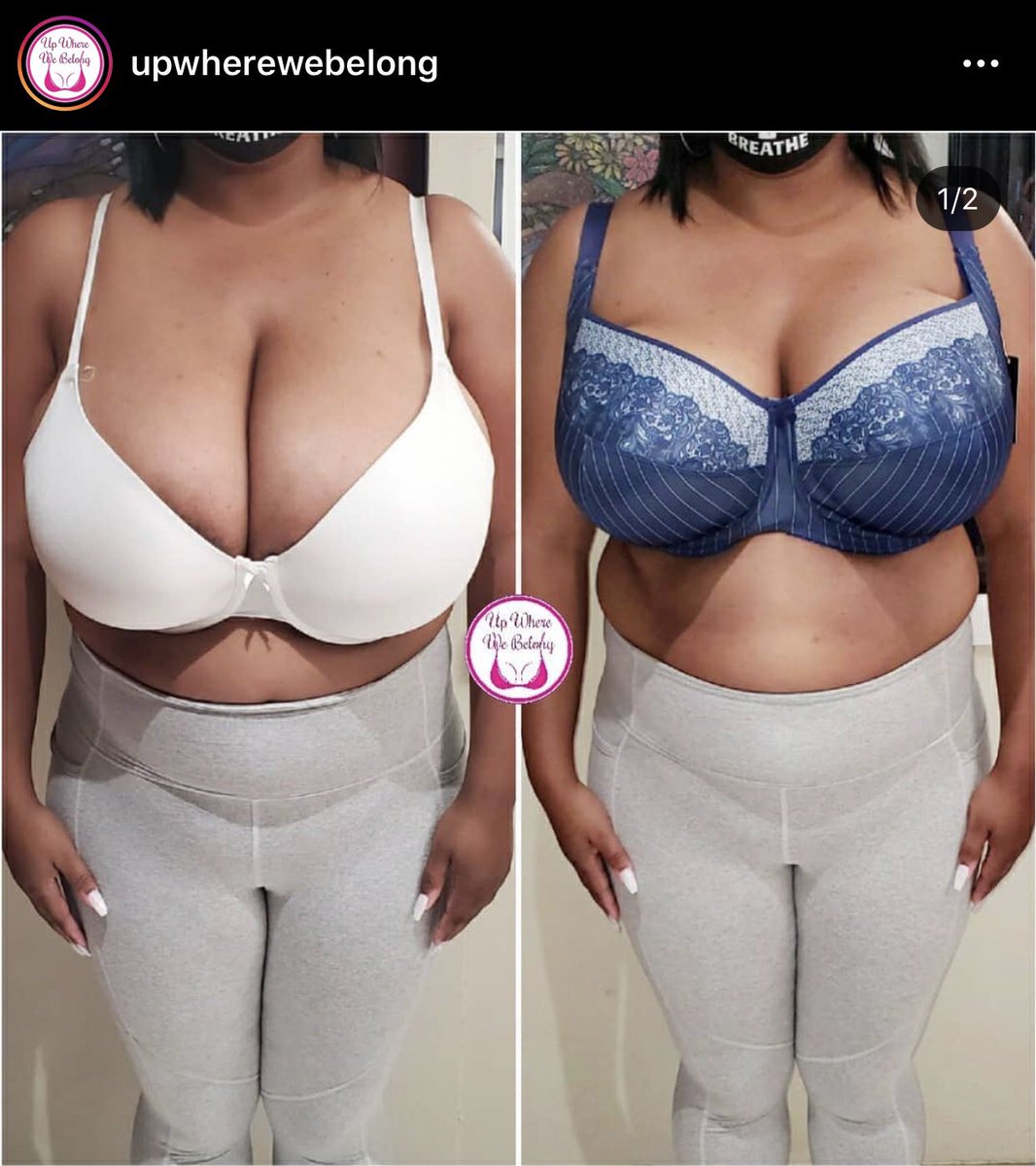Here’s an example from a bra boutique (which I believe is Black-owned) named Up Where We Belong. Notice how her breasts are more lifted and have more forward projection in the blue bra.