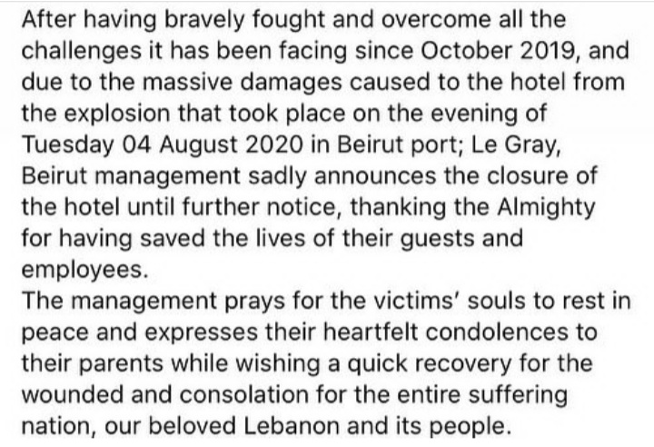 KabcheRE's tweet photo. @LeGrayBeirut
We fought hard, we faced all the challenges since October 2019, but we could not make it facing the third largest explosion in the world on that eve of Tuesday 4 August 2020.
It will take time but we will prevail! Le Gray, Beirut is now closed until further notice. https://t.co/It7k7bCkpM