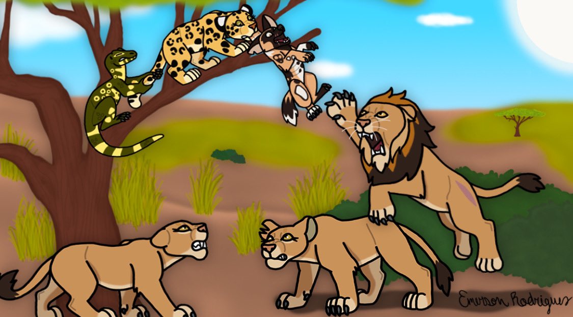 Emerson_R16's tweet photo. Did a Drawing of Characters that I will explain in the Future,being ambushed by a Pride of Lions.#digitalart #digitalillustration #illustration #illustrator #illustrationartists #painteddogs #leopard #nilemonitorlizard #lions #africa https://t.co/C5PW1YLMCb