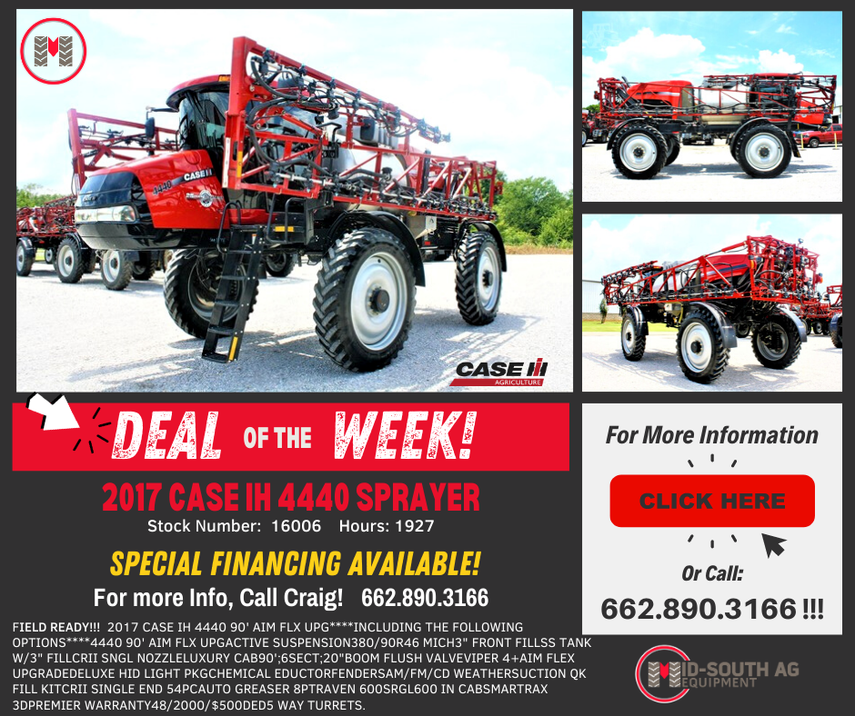 MidSouthAg's tweet photo. Deal of the Week!  **FIELD READY**  2017 Case IH 4440 Patriot Sprayer!  #dealoftheweek #midsouthag https://t.co/tTLlRRK8IP