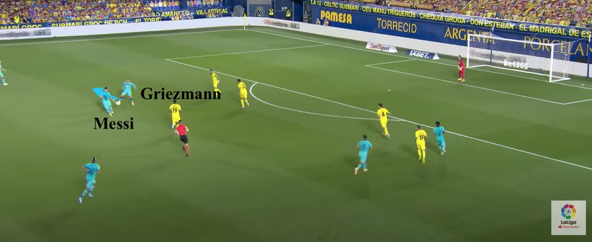 • In this period of play, Griez links with Messi centrally dropping into a deeper 10 position,Messi runs onto the pass and then lays the ball back to Griez to shoot (still in a 10 position)The 4-4-2 diamond extracts the best link-up play between Messi-Griez & supply for Suarez