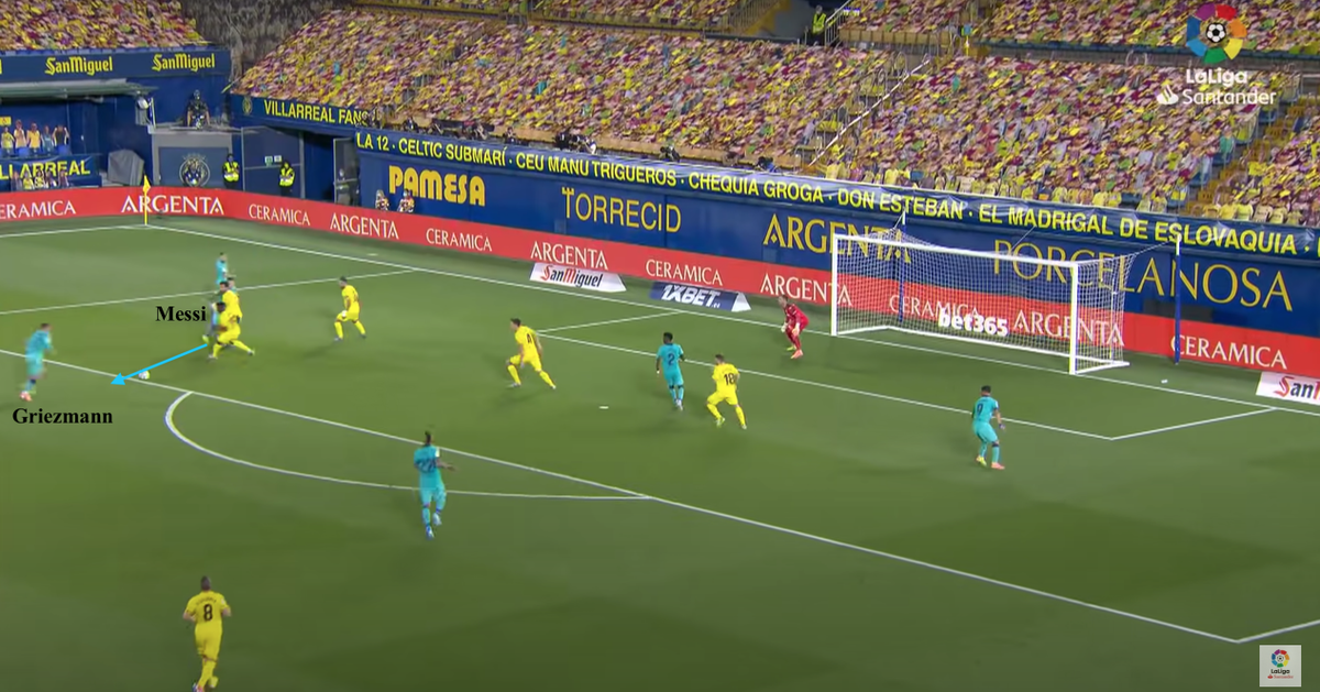 • In this period of play, Griez links with Messi centrally dropping into a deeper 10 position,Messi runs onto the pass and then lays the ball back to Griez to shoot (still in a 10 position)The 4-4-2 diamond extracts the best link-up play between Messi-Griez & supply for Suarez