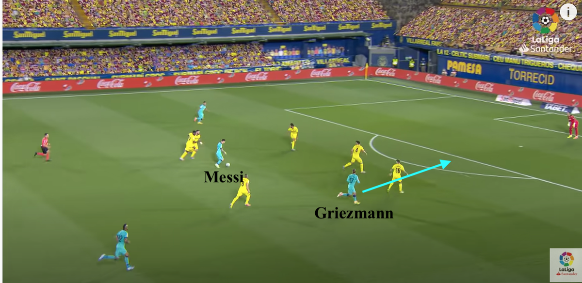 • In these two images Messi is in a number 10 position, whilst Griezmann makes two runs ahead of him into the box (first run leads to a goal with intelligent movement to the near post)