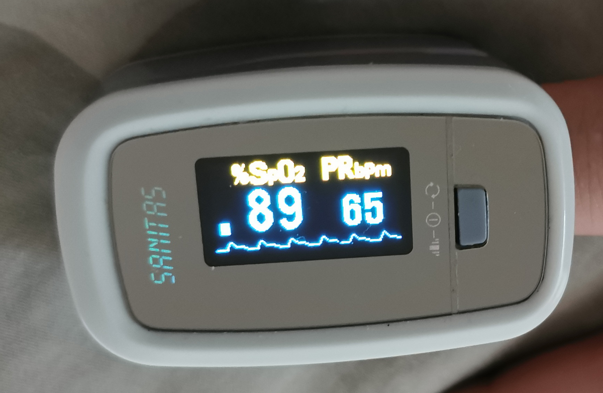 Well, I own a pulsoximeter and one night SPO2 started to drop quite precipitously, and early May 7, I took this photo. Yes, I should have gone to the hospital, but as has since been learned, despite the low oxygen you just don't feel quite *that* bad. And well ... men! 