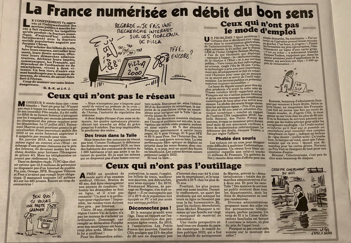 LolivierC's tweet photo. « La France numérisée en débit du bon sens » : fracture numérique, opérateurs, Action Publique 2022, #illectronisme et #MSAP dans le @canardenchaine du 5/08. Point de situation post confinement illustré par les données de l’@InseeFr, du @Defenseurdroits et des @PFPauvres https://t.co/1Hq6BCbZEa